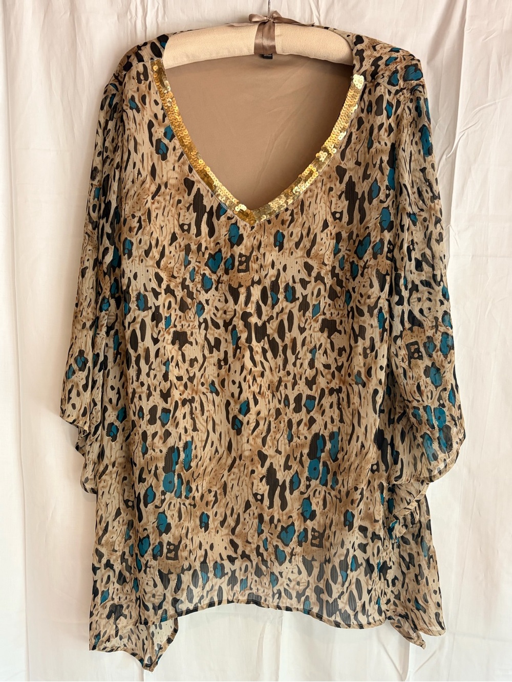 Women's Beige and Teal Animal Print V-Neck Tunic with Gold Sequin Trim